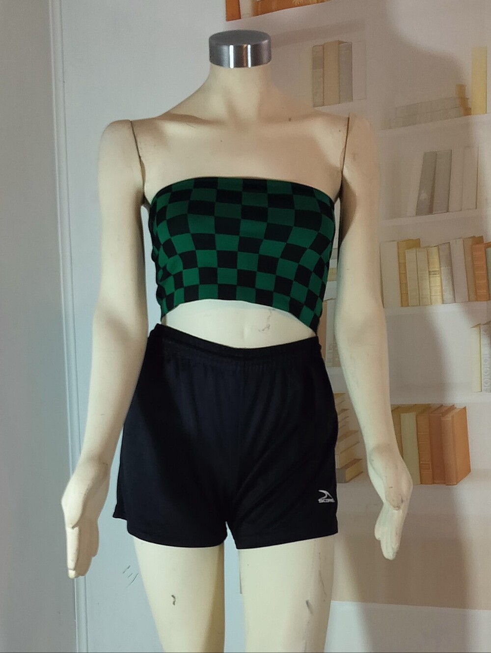 & Other Stories Green Checkerboard Tube Top and Black Shorts - Picture 1 of 5